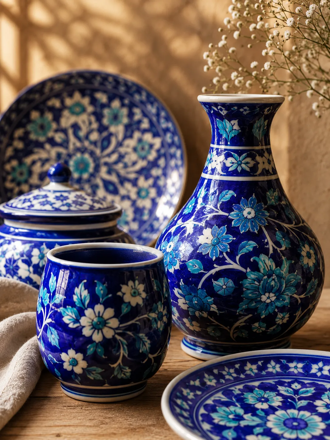 Handpainted cobalt-blue glazed ceramic pottery from Jaipur, Rajasthan