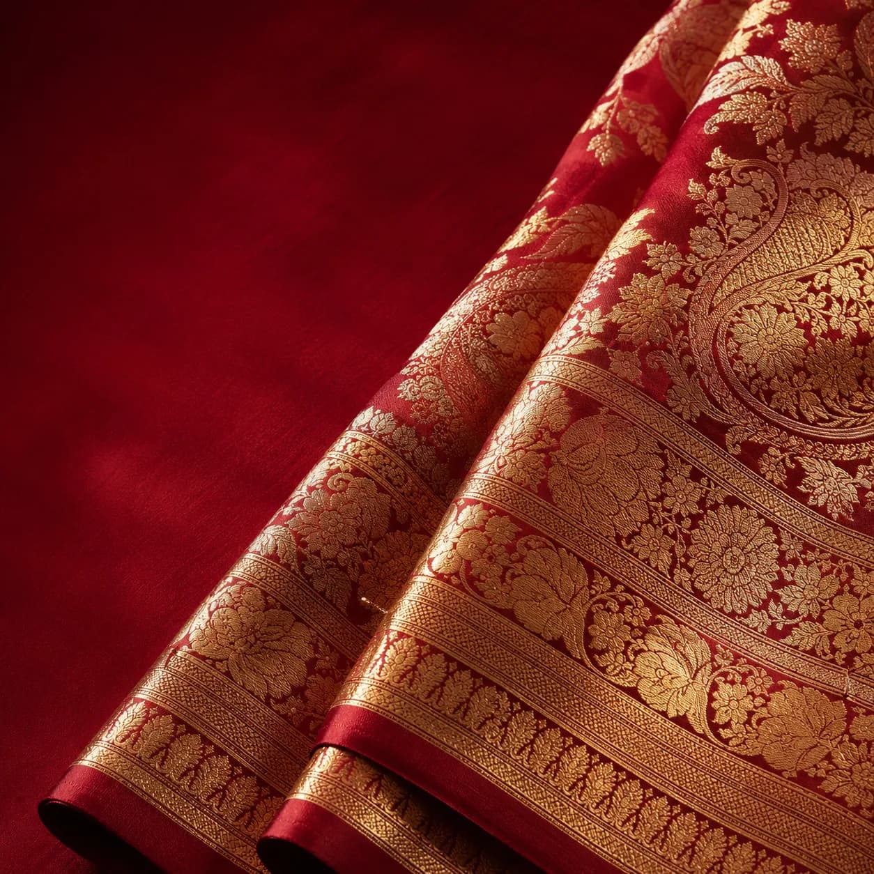 Handwoven Banarasi Silk Saree fabric showing dense gold brocade Zari patterns