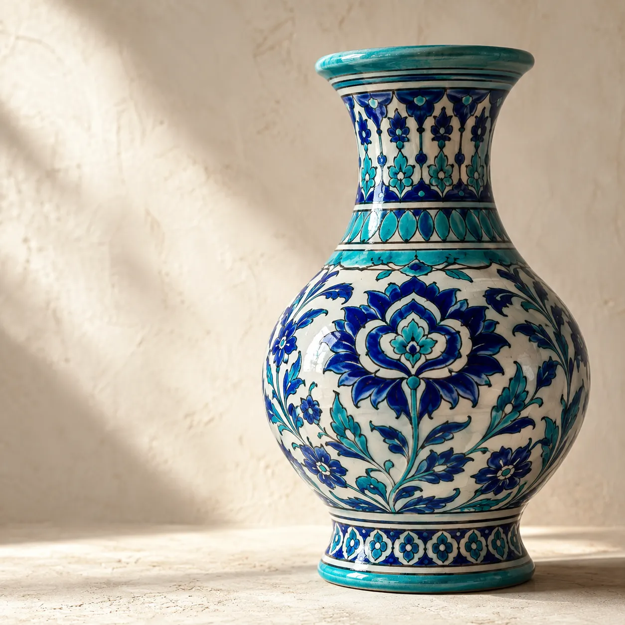 Hand-glazed cobalt-blue ceramic pottery showing traditional floral patterns from Jaipur
