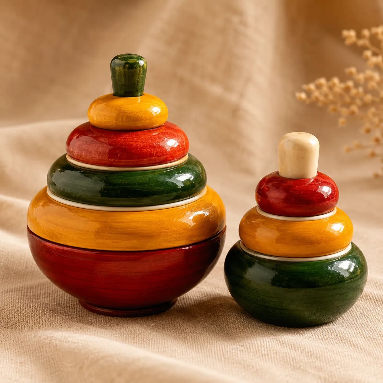 Lathe-turned wooden toys with smooth lacquer finish colored with natural shellac dyes