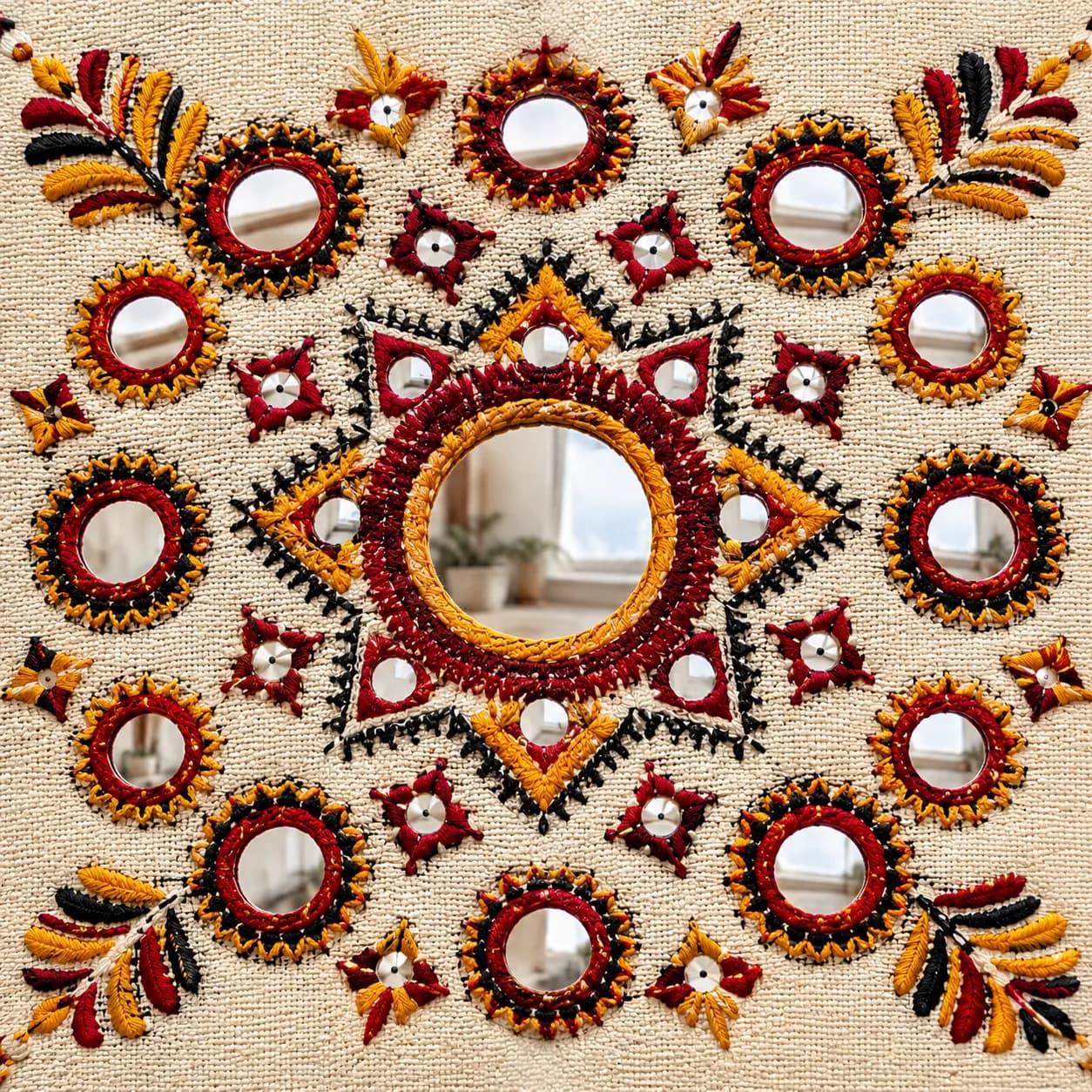Traditional mirror-work and chain stitching Kutch hand embroidery detail