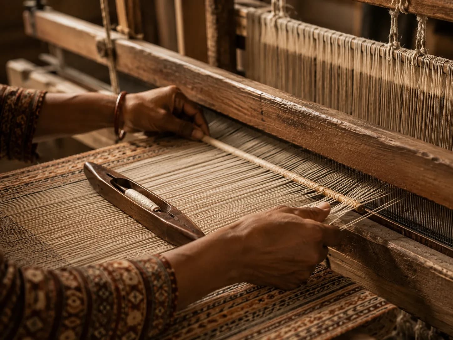 Artisan weaver adjusting warp tension on traditional handloom structure